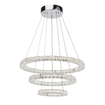 3 Layers Round Ring Chandelier, Iron Stainless Steel Crystal Chrome Color 4000K Natural White Lighting Fixtures, 60W Led Pendant Light For Living Room Dining Room Chrome Ceiling Lights 3100K 4200K