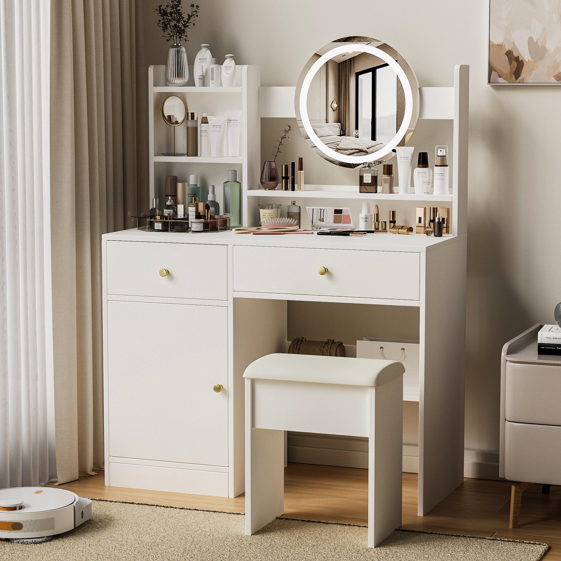 Fashion Vanity Desk With Mirror And Lights For Makeup And Cushioned Chair, Vanity Mirror With Lights And Table Set With 3 Color Lighting Brightness Adjustable,Dressing Table, White Color White 2