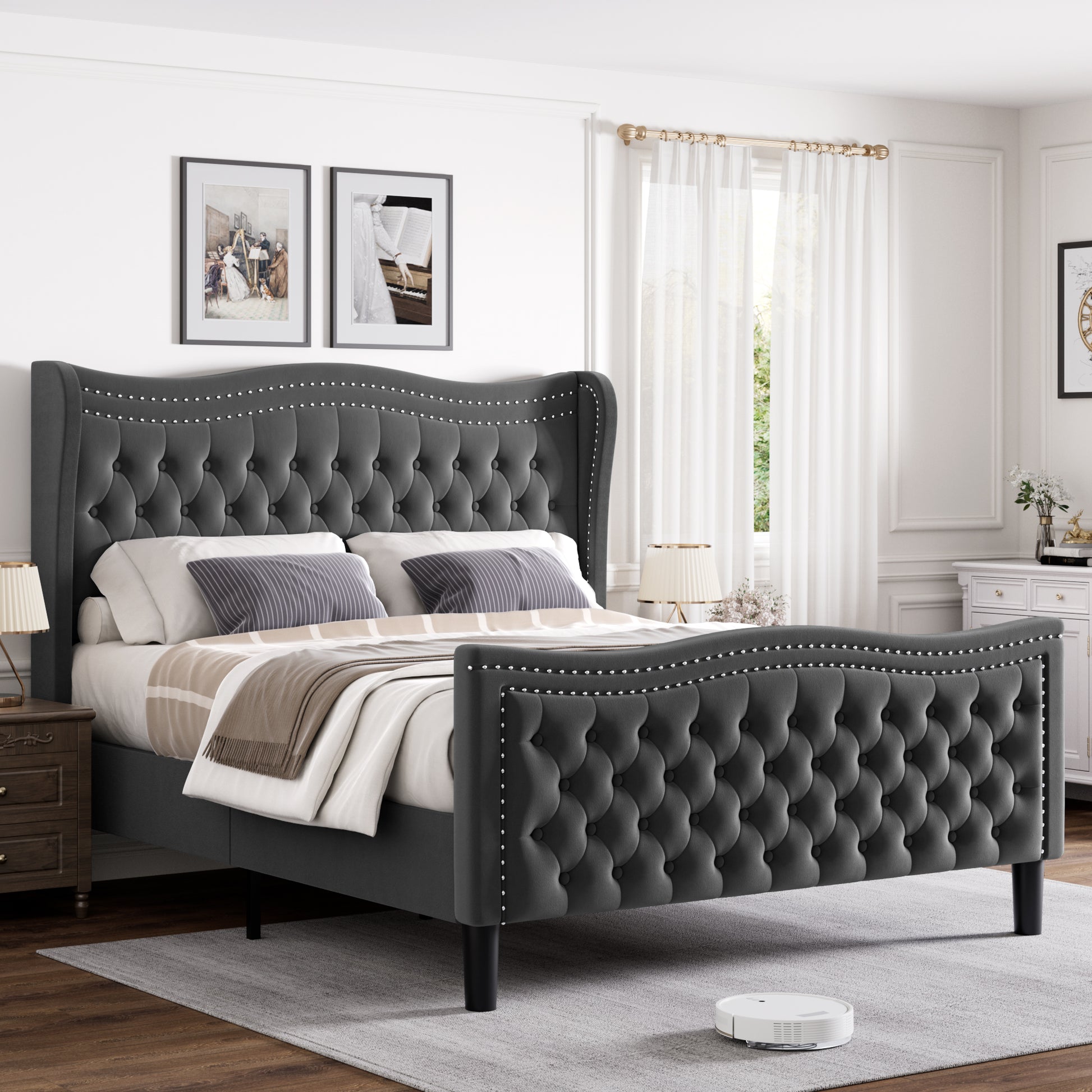Lift Up Velvet Gray Queen Size Bed Box Spring Not Required Queen Gray display picture 1