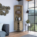 Hans Corner Bar Cabinet, Two Shelves, Five Built In Wine Rack Macadamia Oak Particle Board Particle Board