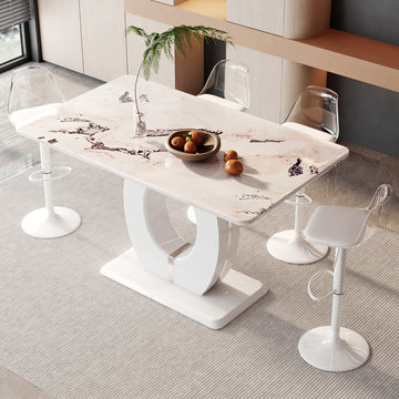 Tables And Chairs Set, Modern Minimalist Style White Marble Pattern Table, Bar Table. Can Rotate And Adjust The Lifting Bar Chair 360 . Pet Backrest And Pu Leather Seat Cushion.Bt 1280Lc 011 White Mdf