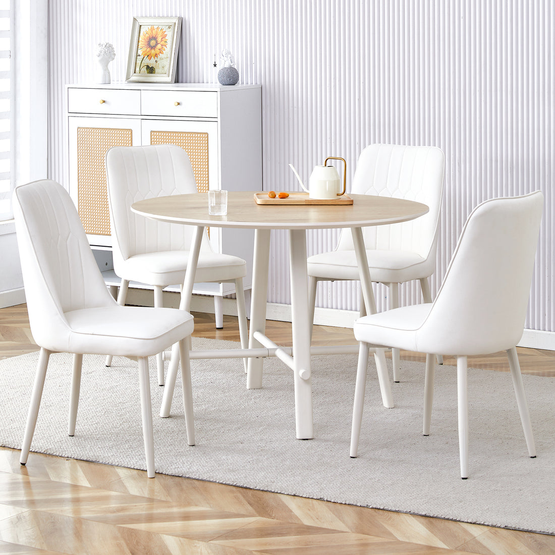 Table And Chair Set, Mdf Desktop, White Metal Table Legs, Stable And Beautiful, Suitable For Most Styles Of Home. Modern Simple Dining Table, Comfortable Seating. White Seats 4 Mdf