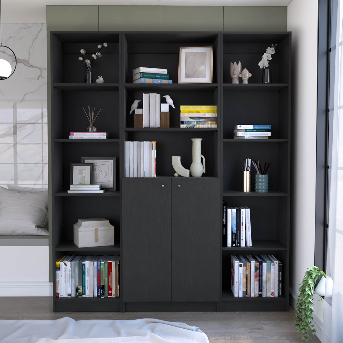 June 3 Piece Home Bookcase Set, 60" Wide With 13 Shelves And Two Door Cabinetliving Room Set Set Black Freestanding Black Office Open Storage Space Particle Board