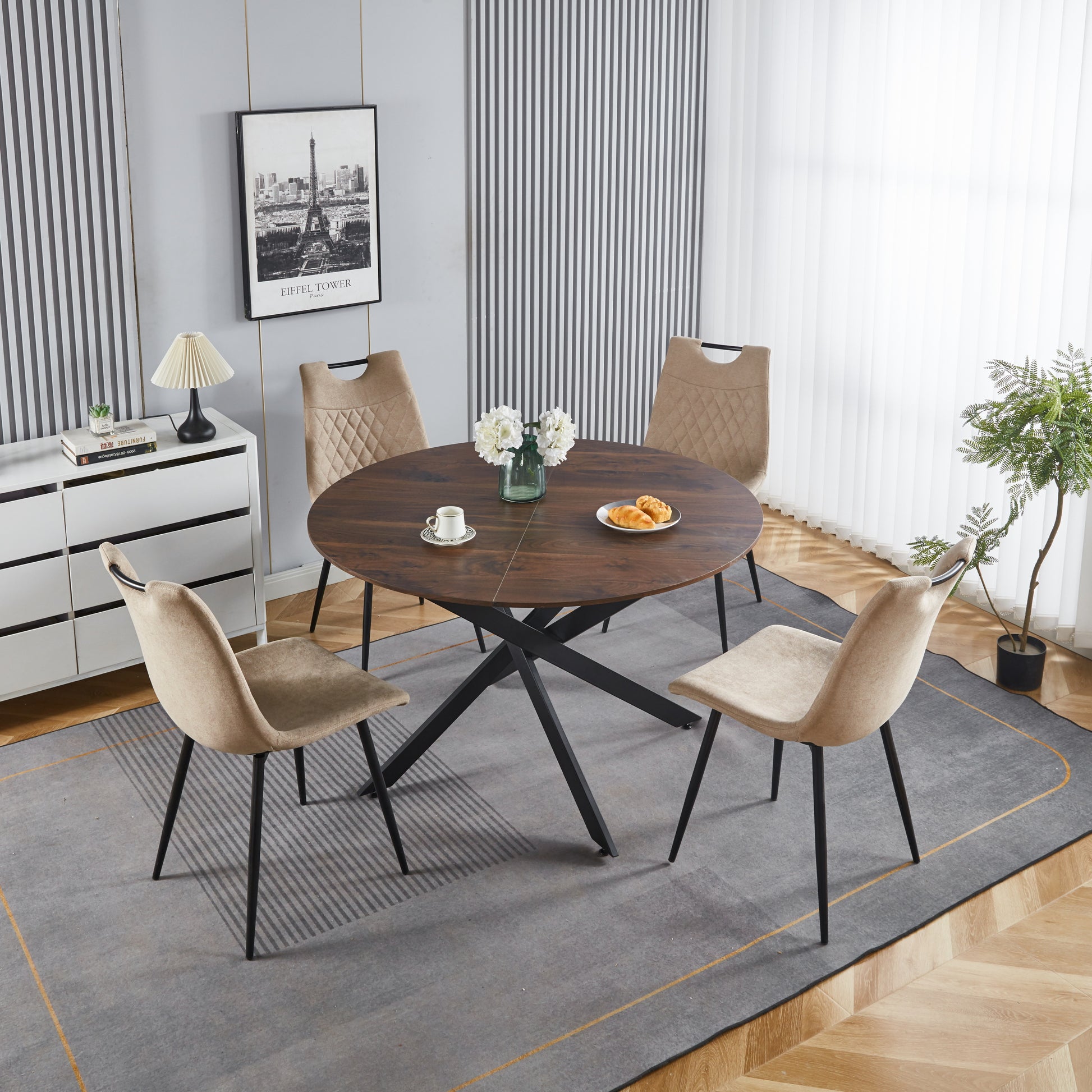 47.2Inch Round Dining Table,Office Table,Coffee Table,120X120X75Cm,Cross Leg Brown Mdf