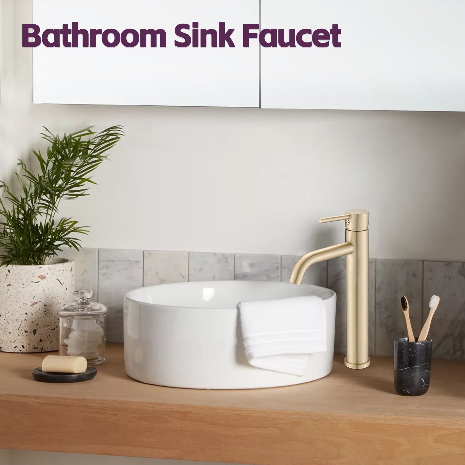 Bathroom Modern Tall Faucets Single Handle One Hole Lavatory Bathroom Sink Faucet Brushed Gold Cartridge Valve Bathroom 1 Hole Faucets Stainless Steel