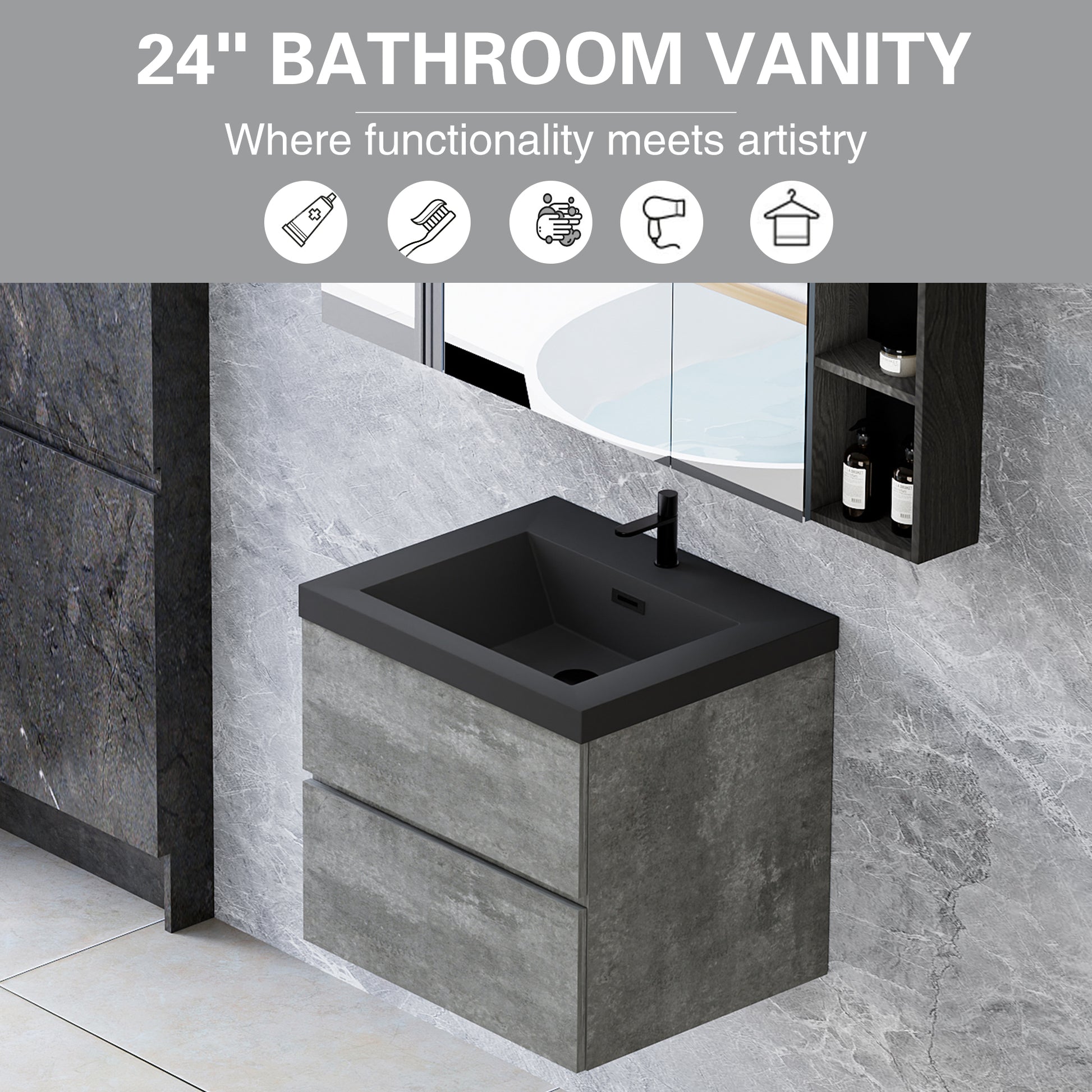 24" Floating Bathroom Vanity With Sink, Modern Wall Mounted Bathroom Storage Vanity Cabinet With Black Quartz Sand Top Basin And Soft Close Drawers, 24V12 24Gr Grey Grey Bathroom Melamine