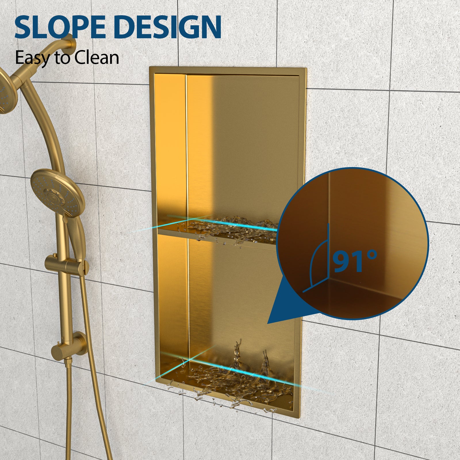 13" X 25" Stainless Steel Shower Niche Double Shelf, Gold Gold Stainless Steel