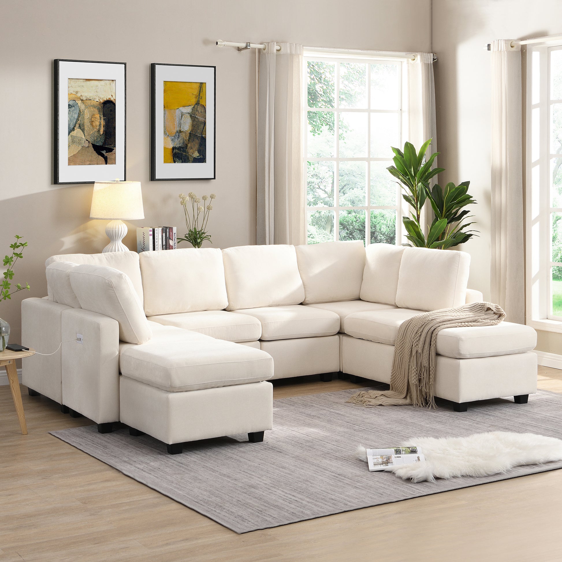 103" Sectional Sofa Couch Sofa Bed U Shaped Sofa With Two Movable Ottoman And Three Usb Ports For Living Room, Beige Beige Foam Chenille 6 Seat