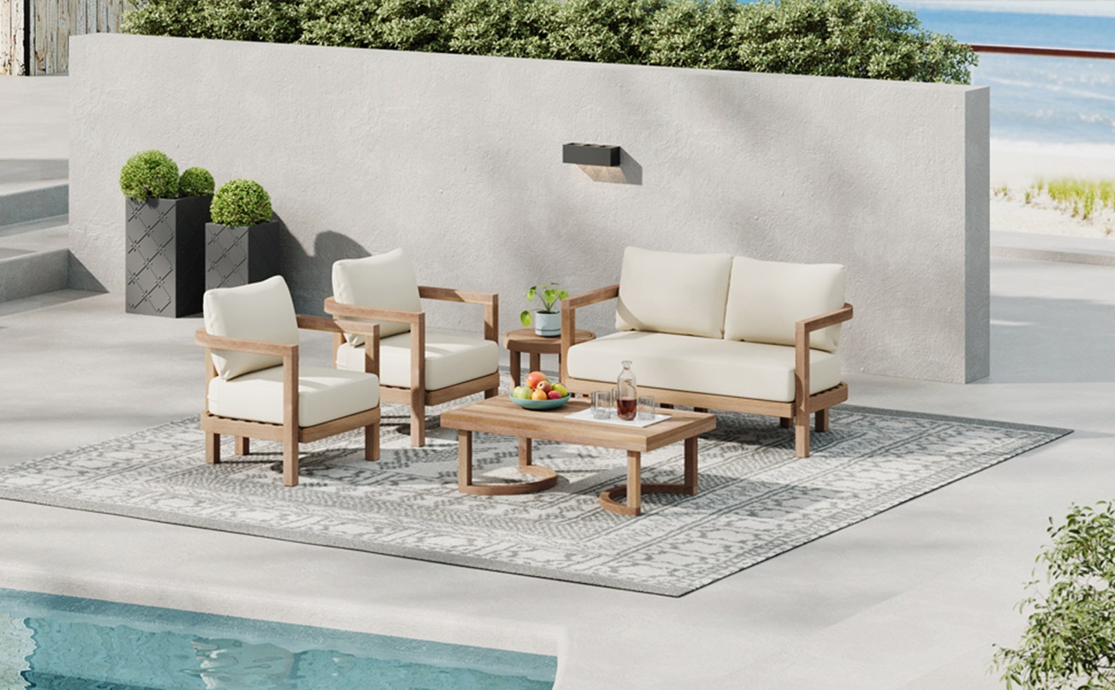 5 Pieces Acacia Wood Patio Furniture Set, Outdoor Furniture With Coffee Table, Patio Conversation Set Deep Seating With Soft Cushion, Porch Chairs For Garden, Backyard Porch Balcony, Brown Wash, Beige Yes Brown Beige Seats 4 Garden & Outdoor Sectional