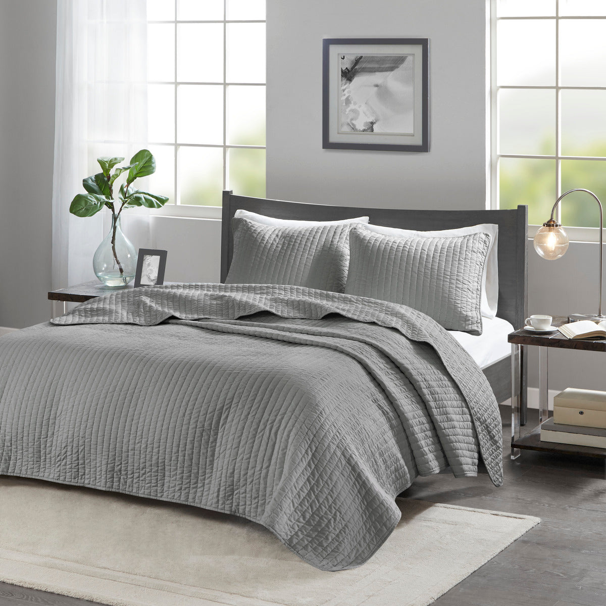 3 Piece Quilt Set Grey Full Queen Full Grey Cotton