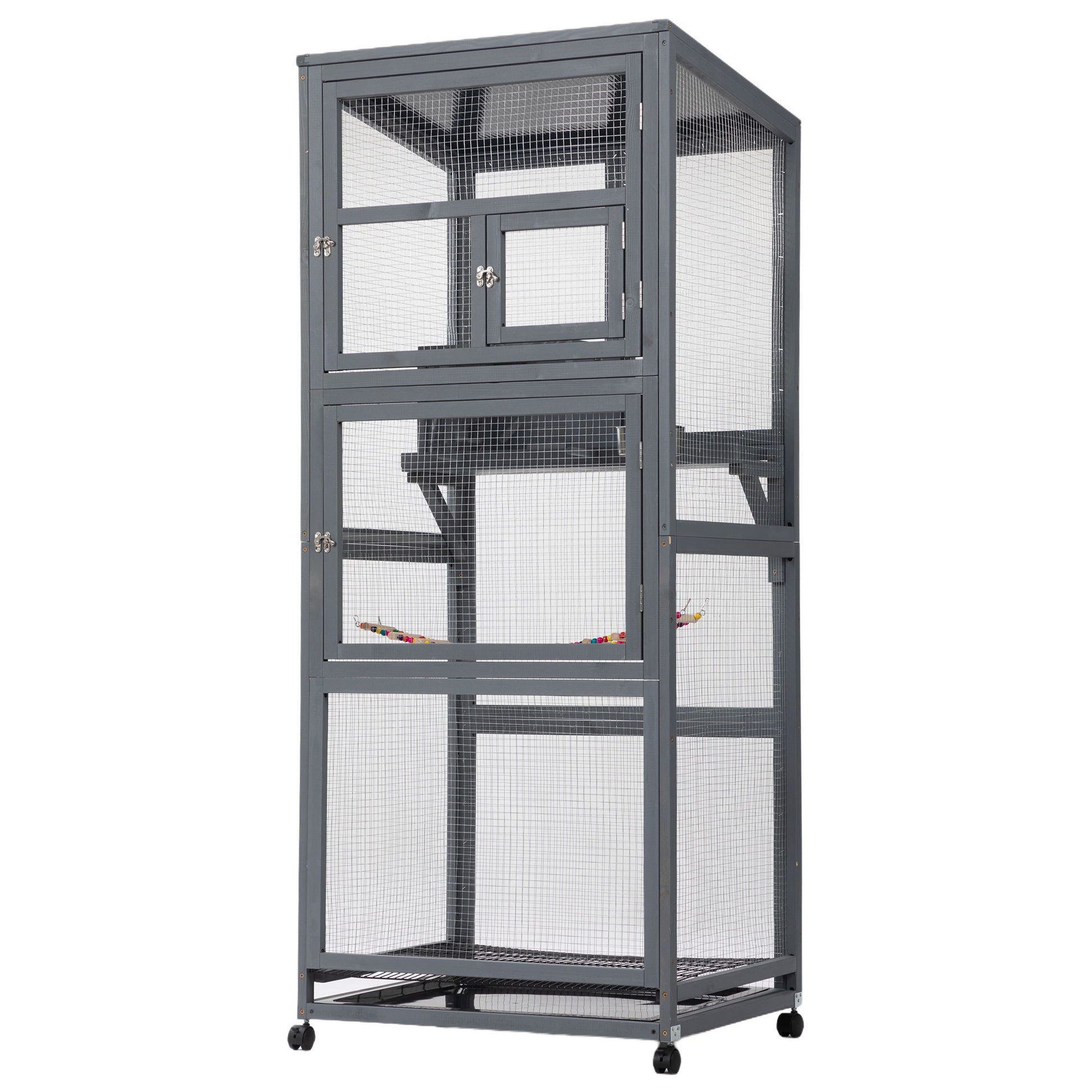 Wood Bird Cage With Universal Wheels Gray Gray Wood Metal