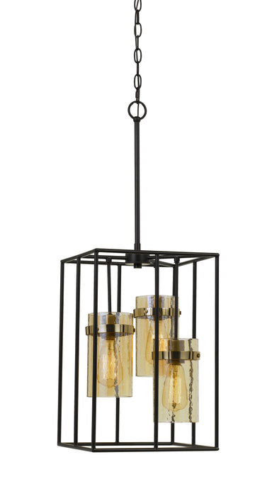 Rectangular Open Cage Design Pendant With Cylindrical Glass Shade, Black Bronze Glass Metal