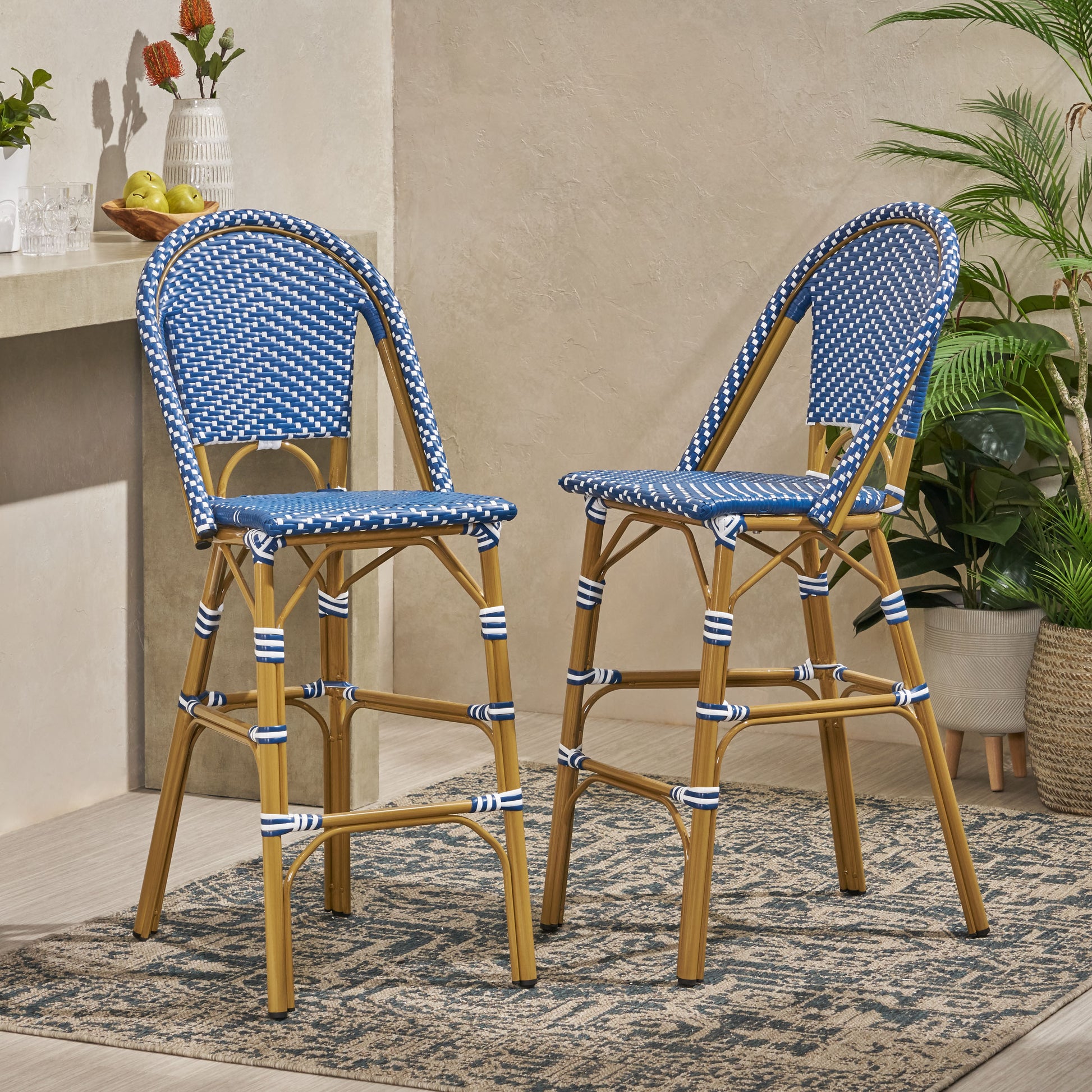 29.5" Outdoor Pe Rattan French Barstool, Dark Teal And White, Aluminum Frame With Bamboo Finish Set Of 2 No Teal Blue,White Rust Resistant Frame Garden & Outdoor French 2 Person Seating Group