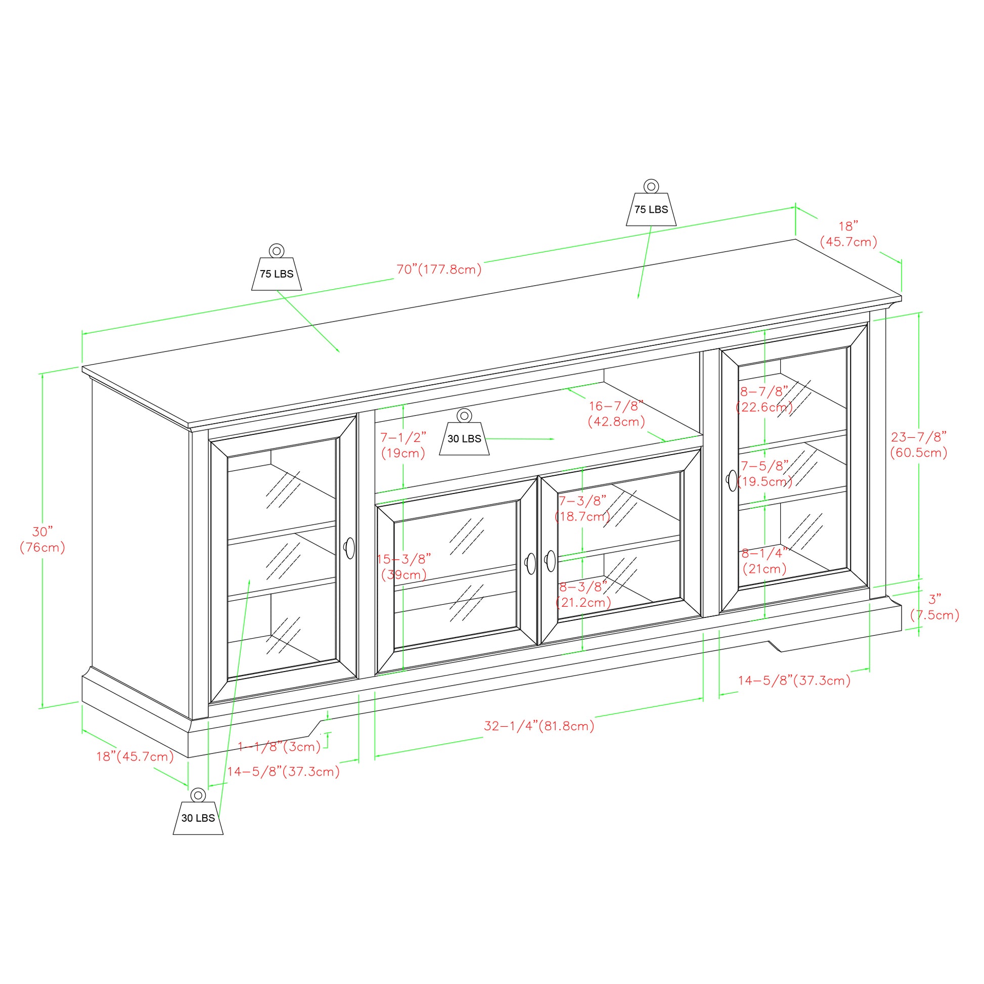 Transitional Classic 70" Tv Stand For 80" Tvs With 4 Glass Doors Black Black Mdf