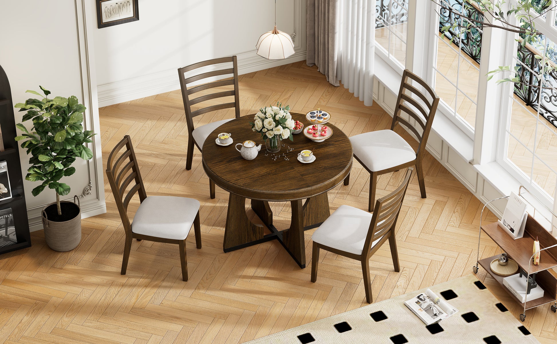 5 Piece Retro Rustic Functional Dining Set Unique Geometric Design, 1 Extendable Table With A 16 Inch Leaf And 4 Upholstered Chairs Ideal For Dining Room And Kitchen Walnut Walnut Solid Wood Mdf