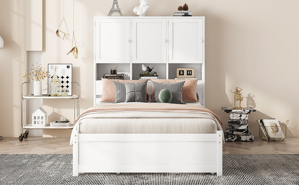 Full Size Platform Bed With Storage Headboard And 4 Drawers, White Box Spring Not Required Full White Wood Bedroom Bed Frame Solid Wood Mdf