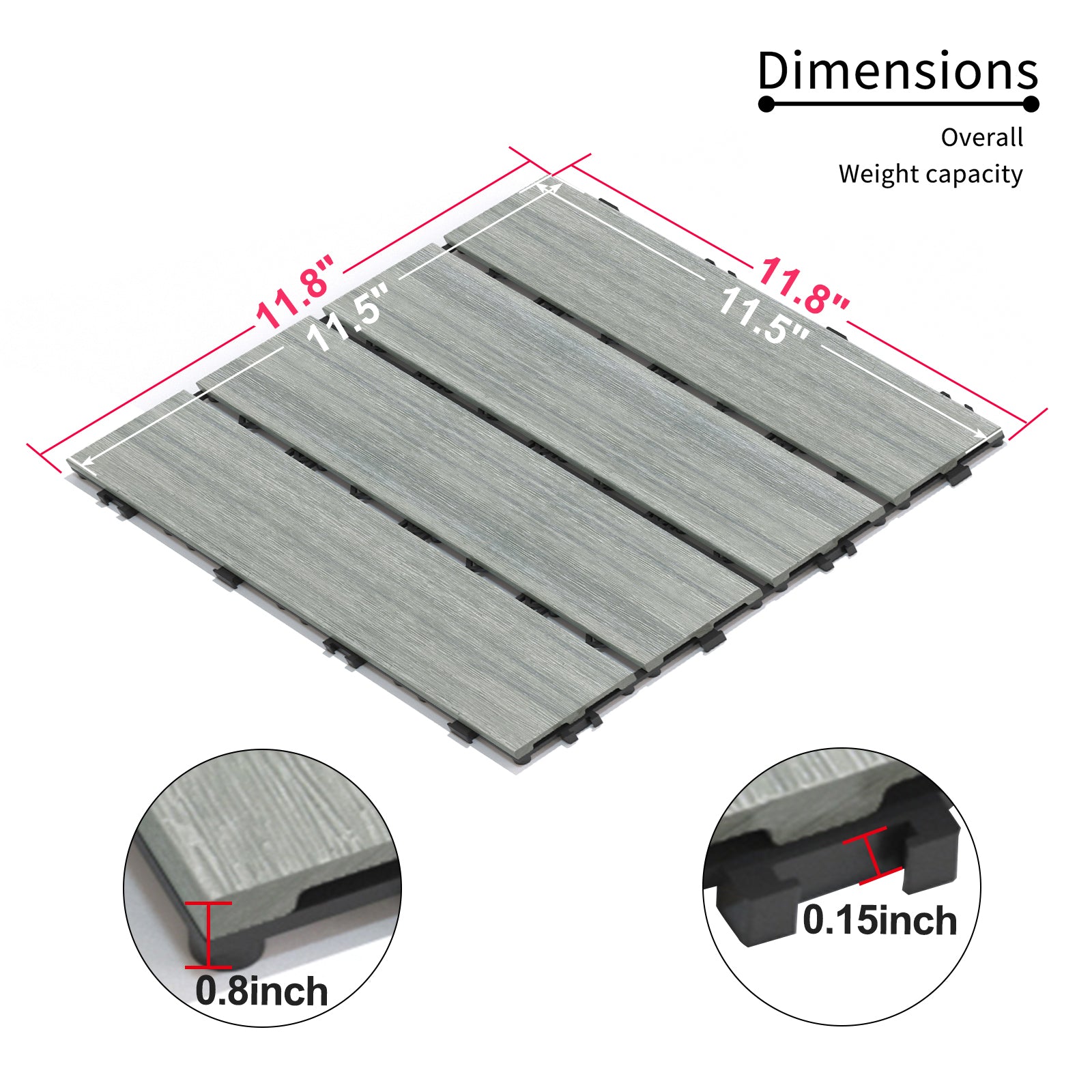 Patio Floor Tiles Pack Of 11 Wpc Wood Plastic Composite Patio Deck Tiles Diy Interlocking Decking Tiles, Quick Deck Floor Tile, Court Tile, Water Resistant Indoor Outdoor 11.8" Skygrey Light Gray Plastic