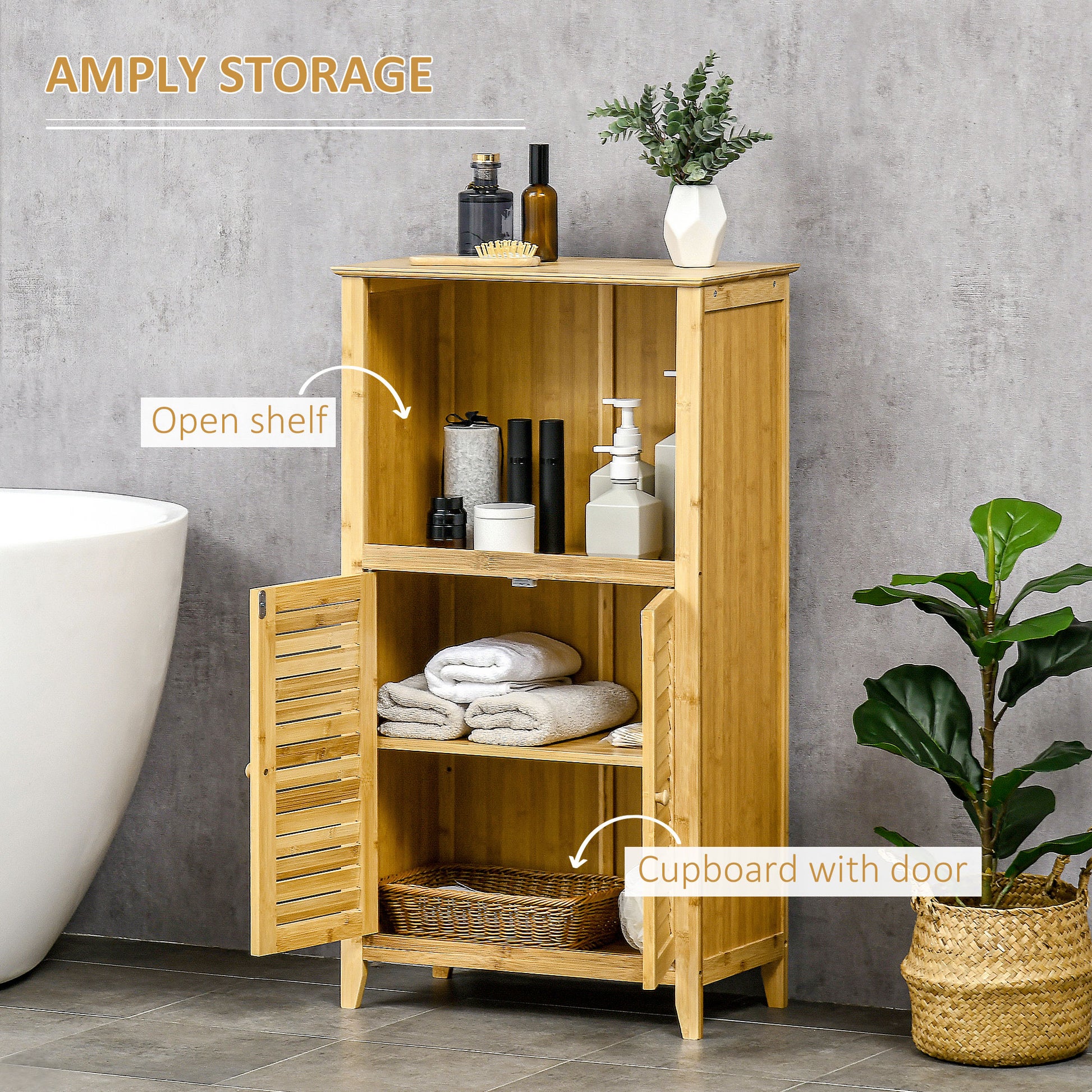 Homcom Bamboo Floor Cabinet Bathroom Floor Cabinet Living Room Organizer Tower With Multiple Shelves And Doors, Natural Natural Bamboo