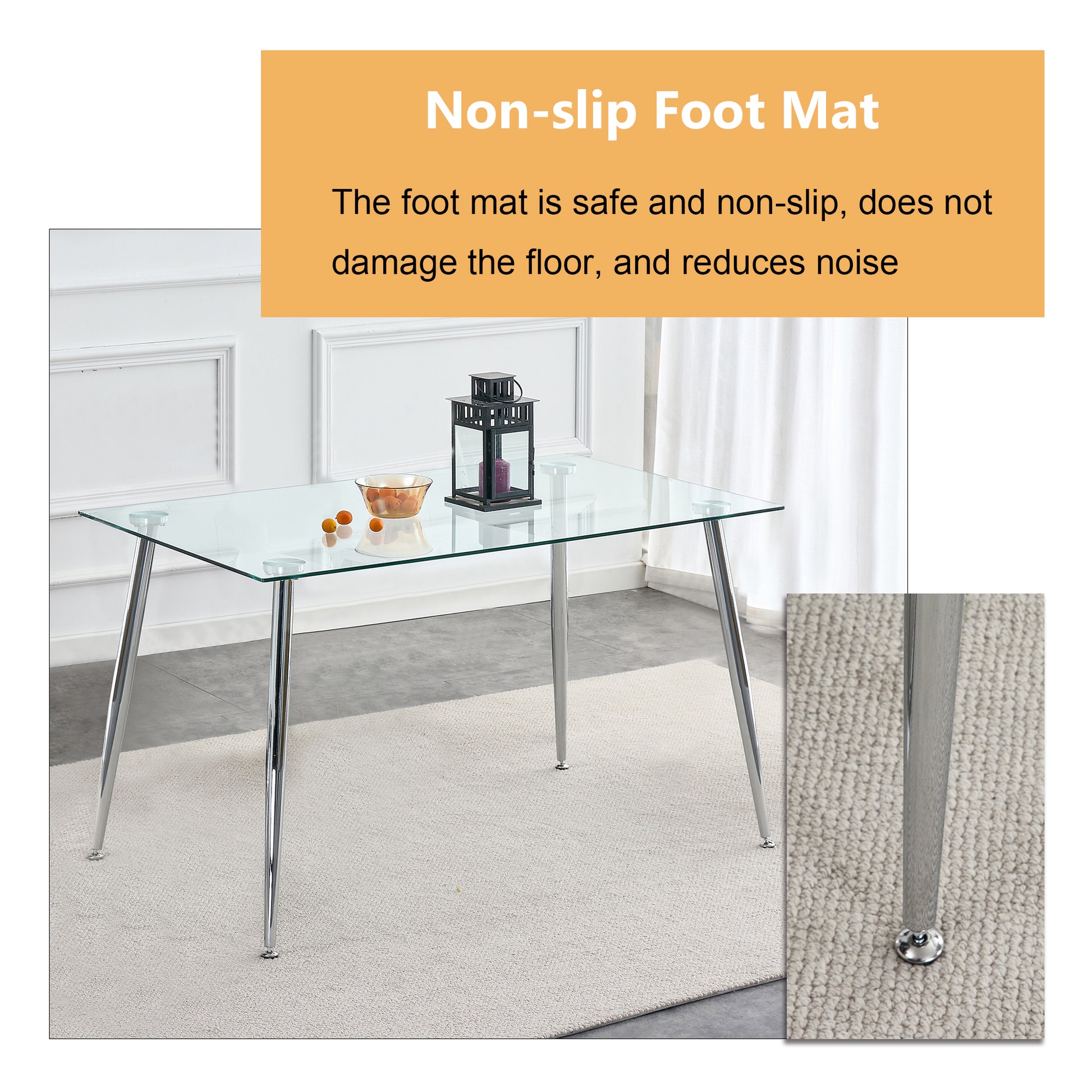 Table And Chair Set.Rectangular Dining Table With Tempered Glass Tabletop And Silver Plating Metal Legs.Paired With 6 Checkered Armless High Back Light Gray Chairs With Electroplated Metal Legs. Transparent Seats 6 Glass Metal