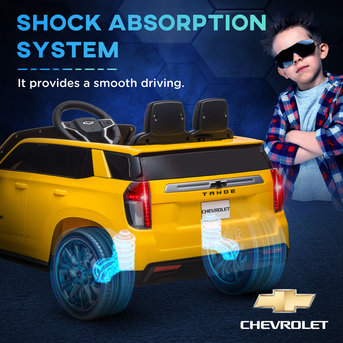 Aosom Chevrolet Tahoe Licensed Kids Ride On Car, 12V Battery Powered Kids Electric Car With Remote Control, 4 Wheeler Suspension, Music, Lights, Horn, For Ages 3 6 Years Old, Yellow Yellow Plastic