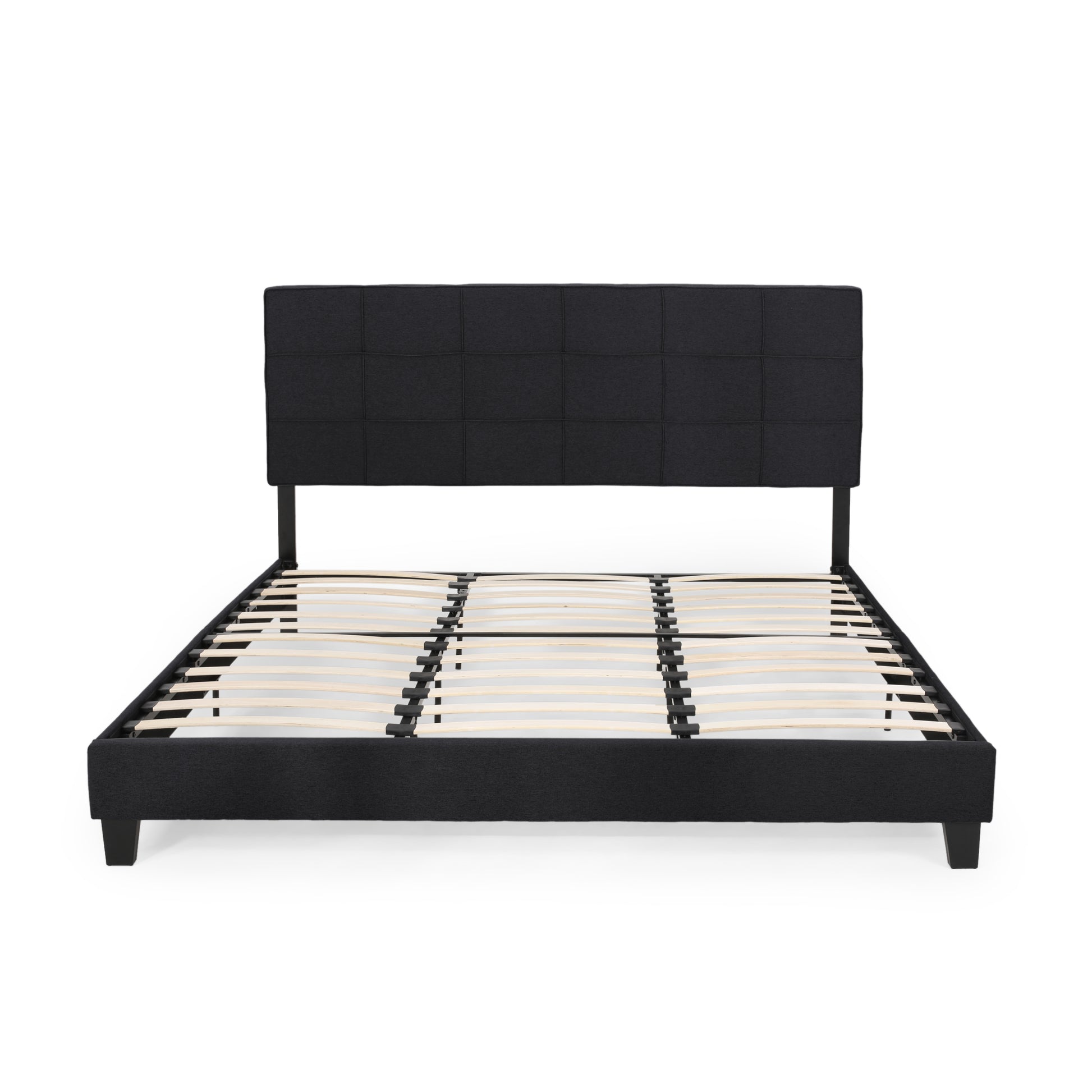 King Size Upholstered Platform Bed Frame With Contemporary Tufted Waffle Stitching, Easy Assembly, Black King Black Fabric