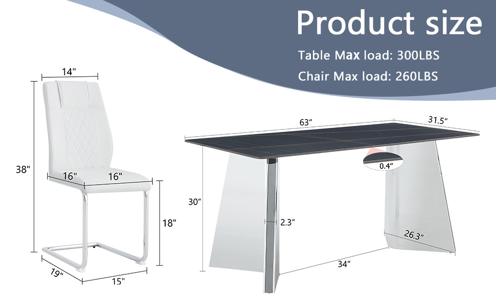 Table And Chair Set.63"X31.5X30" Black Marble Patterned Slabs Tabletop With Stainless Steel Butterfly Legs.Paried With 4 White High Quality Pu Chairs With Silver Metal Legs. White Black Seats 4