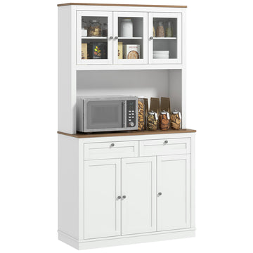 Homcom 71" Tall Kitchen Pantry Storage Cabinet With Microwave Stand, Freestanding Buffet With Hutch, 2 Drawers, 5 Doors, Adjustable Shelves And Glass Doors For Kitchen, Dining Room, White White Mdf