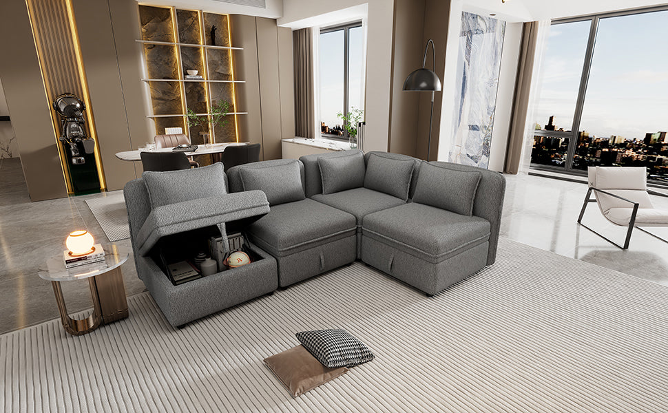 122.8" Convertible Modular Minimalist Sofa Free Combination 4 Seater Sofa Chenille Fabric Sectional Sofa With 5 Pillows For Living Room, Office, Apartment, Small Space, Gray Gray Foam Chenille 4 Seat