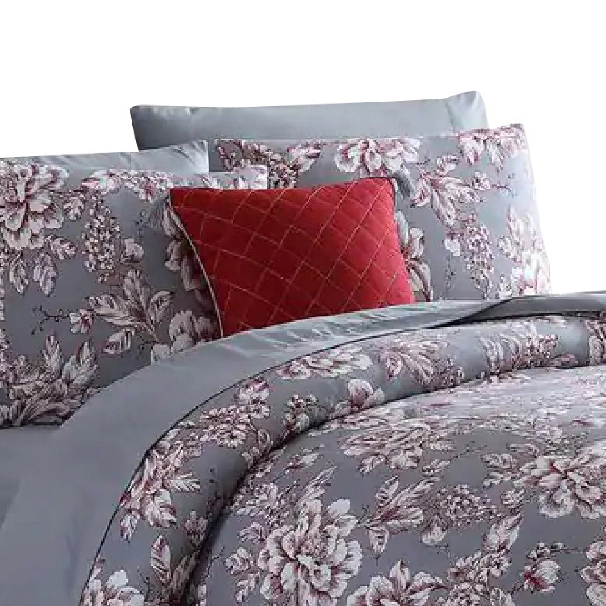 Tyler 8 Piece Microfiber Queen Bed Set, Floral Print, The Urban Port, Gray Queen Gray Fabric