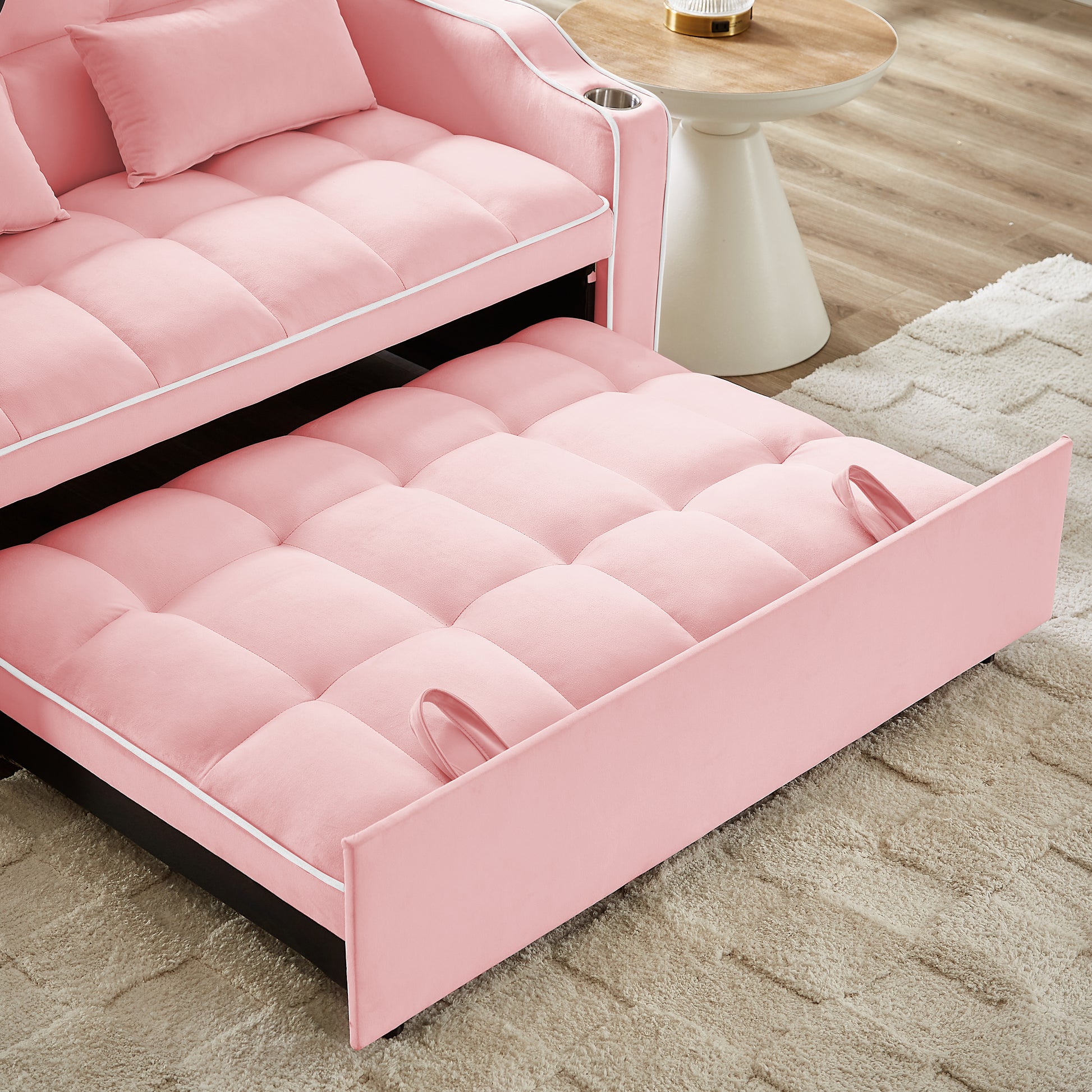 1 Versatile Foldable Sofa Bed In 3 Lengths, Modern Sofa Sofa Sofa Velvet Pull Out Bed, Adjustable Back And With Usb Port And Ashtray And Swivel Phone Stand Pink Pink Solid Wood Mdf Resin 2 Seat