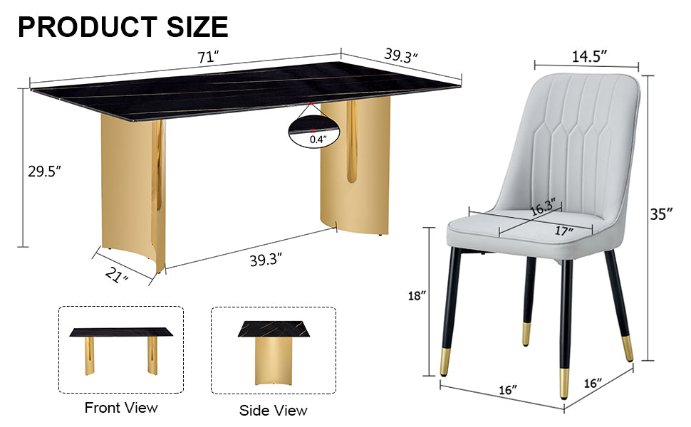 Table And Chair Set.The Table Has A Glass Top With Imitation Marble Pattern Stickers And Stainless Steel Golden Legs. Paried With Chairs With Pu Artificial Leather Backrest Cushions And Black Legs. Black Gold Seats 8 Glass Metal