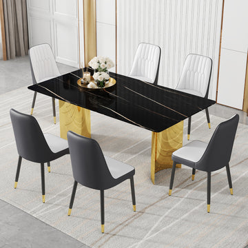 Table And Chair Set.The Table Has A Glass Top With Imitation Marble Pattern Stickers And Stainless Steel Golden Legs. Paried With Chairs With Pu Artificial Leather Backrest Cushions And Black Legs. Black Gold Seats 6 Glass Metal