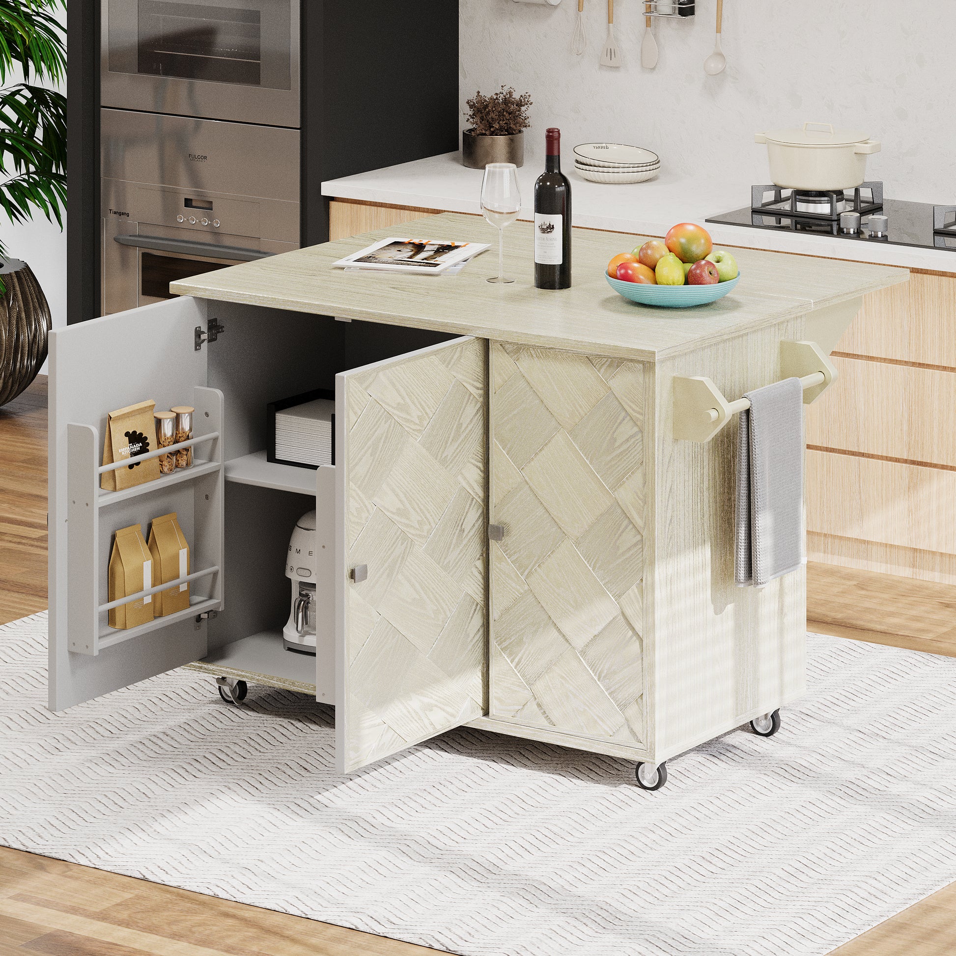 K&K 51.2"W Ash Veneer Not Cheap Paper Solid Wood Handwoven Kitchen Island With Drop Leaf, Coastal Kitchen Island On Wheels With Internal Storage Rack, Rolling Kitchen Cart, Champagne Champagne