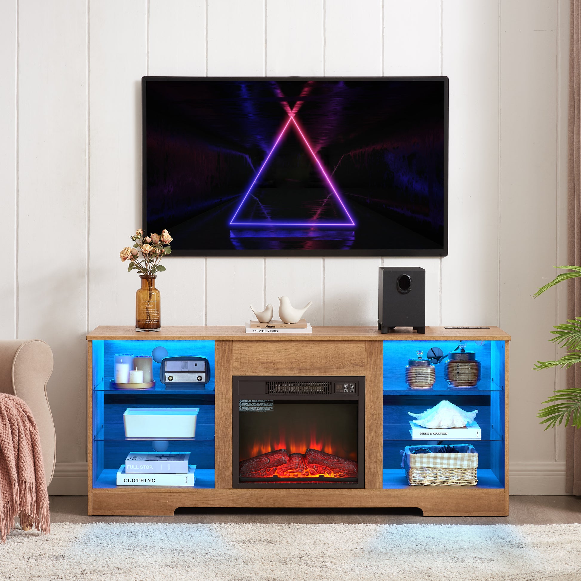 Tv Stand Electric Fireplace Glass Shelves, 3D Fireplace Tv Stand With Led Lights Wood With Usb Charging Outlet Modern Television Table Center For Tv Up To 62" Oak 58''W*15.5''D*24.4 Oak 60 69 Inches