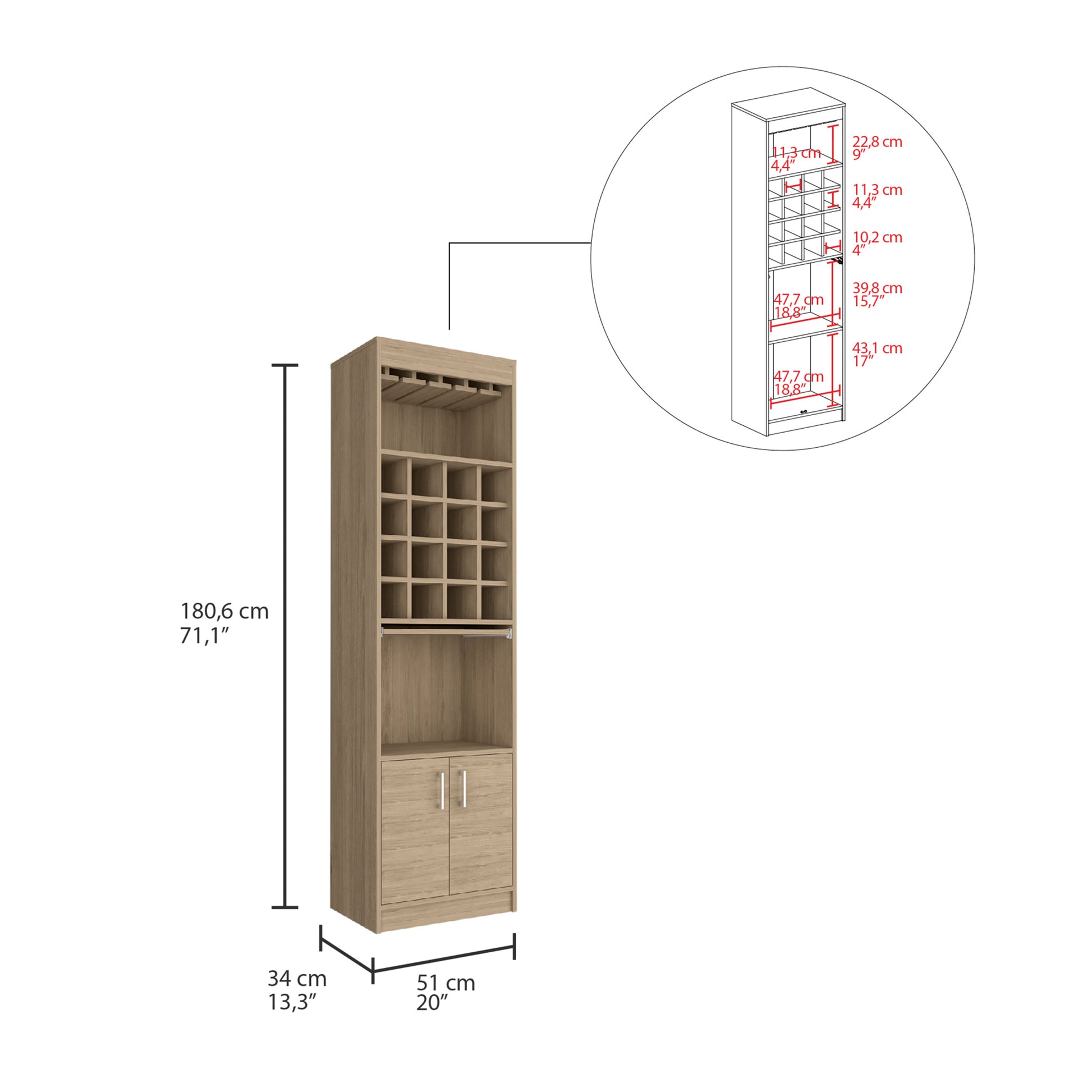 Being Kava Bar Cabinet, Double Door, Two Shelves, Sixteen Built In Wine Rack Light Pine Beige Particle Board Particle Board