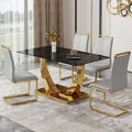 Table And Chair Set.Modern Rectangular Dining Table With Black Textured Stickers Glass Tabletop And Gold Plated Metal Legs.Paried With 4 Comfortable Chairs With Pu Seats And Golden Metal Legs. Gold,Light Gray Seats 4 Glass Metal