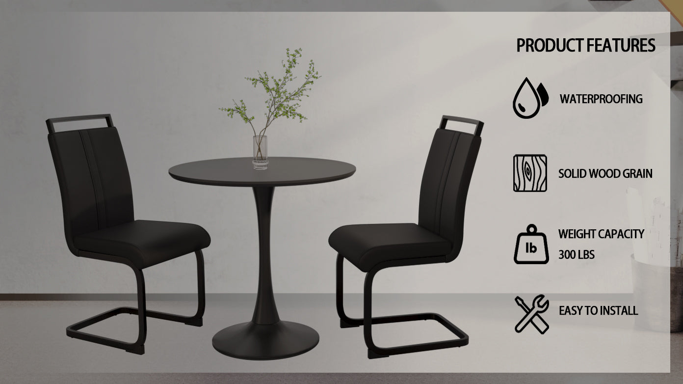 Black Circular Dining Table, 31.5 "Tulip Dining Table, Kitchen Dining Table For 2 4 People, Mdf Tabletop And Base, And 2 Black Pu Black Metal Leg Dining Chairs Set 2 Black Mdf