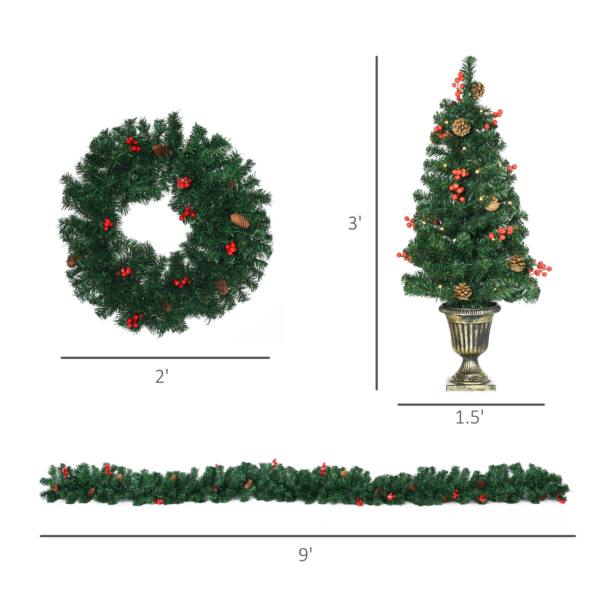 Homcom Prelit Holiday Christmas 4 Piece Set, Garland Wreath And Set Of 2 Entrance Trees With Warm White Led Lights, Red Berries, Pine Cones, Green Green Plastic