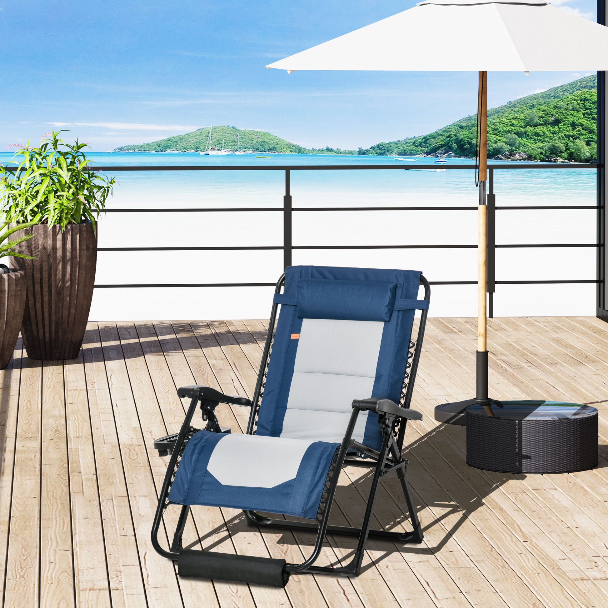 Outsunny Foldable Outdoor Lounge Chair With Footrest, Oversized Padded Zero Gravity Lounge Chair With Headrest, Side Tray, Cup Holders, Armrests For Camping, Lawn, Garden, Blue Blue Steel