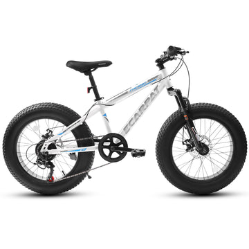 A20316 20 Inch Fat Tire Bike Adult Teen Full Shimano 7 Speed Mountain Bike, Dual Disc Brakes, High Carbon Steel Frame, Front Suspension, Mountain Dirt Bike, City Commuter City Bike, Fat Tire Bike White Steel