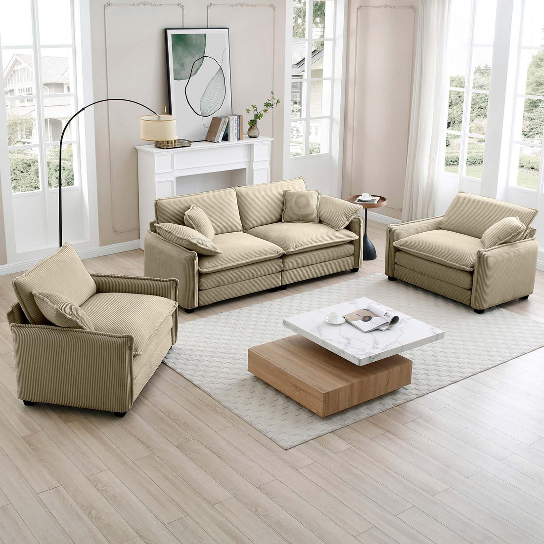 Luxurious And Sophisticated Sofa Set With Soft Cushions And Pillows, Sofa Set For Living Rooms And Clubs As Well As Home Theaters, Consisting Of Two Single Sofas And A 2 Seaters Sofas In Tan Corduroy Tan Corduroy 4 Seat