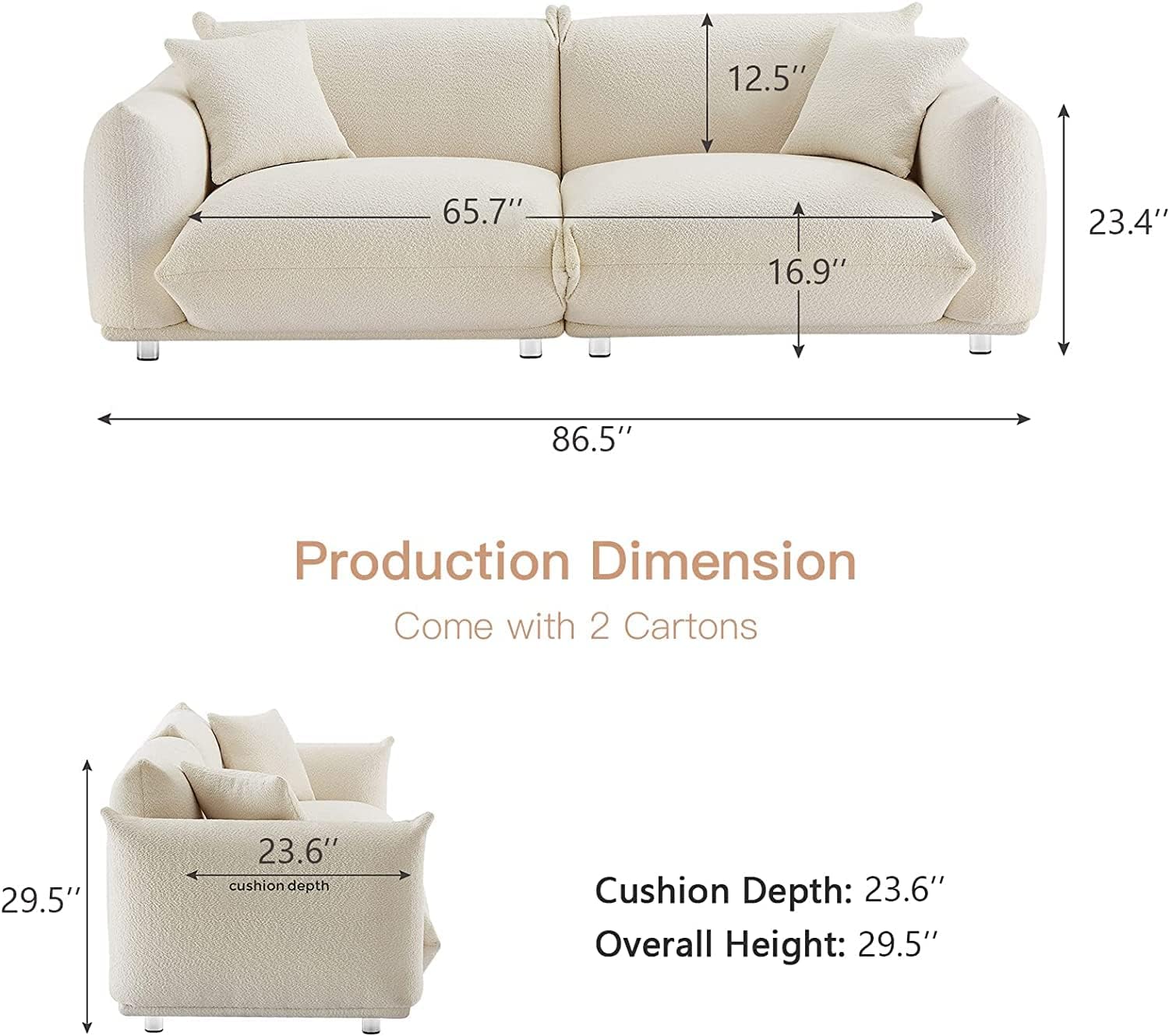 87'' Oversized Loveseat Sofa For Living Room, Sherpa Sofa With Metal Legs, 3 Seater Sofa, Solid Wood Frame Couch With 2 Pillows, For Apartment Office Living Room White White Fabric 2 Seat