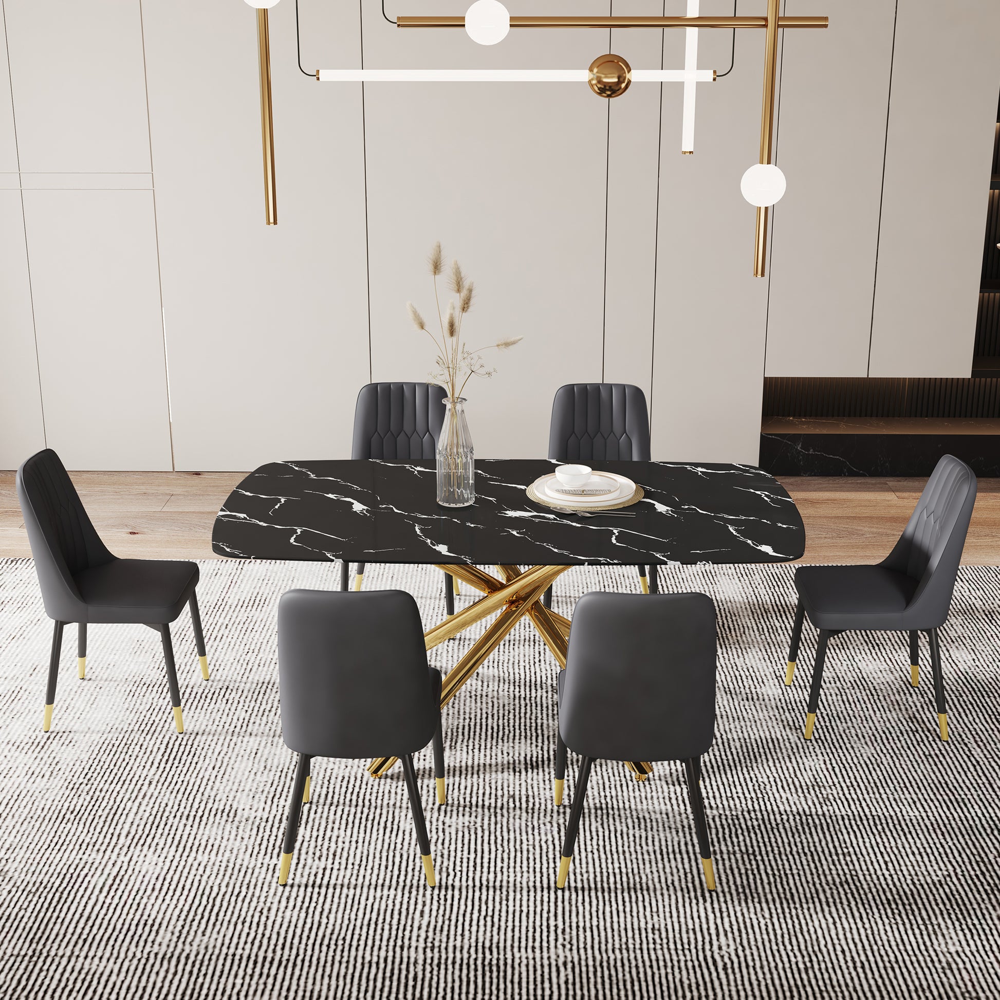 Large modern minimalist rectangular dining table with black+gold-glass+metal