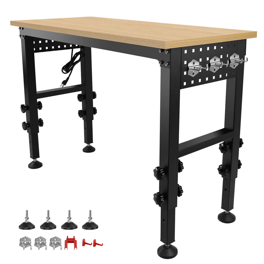 48 "Adjustable Workbench With Power Outlet, Heavy Duty Load Capacity Hardwood Workbench Suitable For Workshop, Office, Garage, Home Black Steel