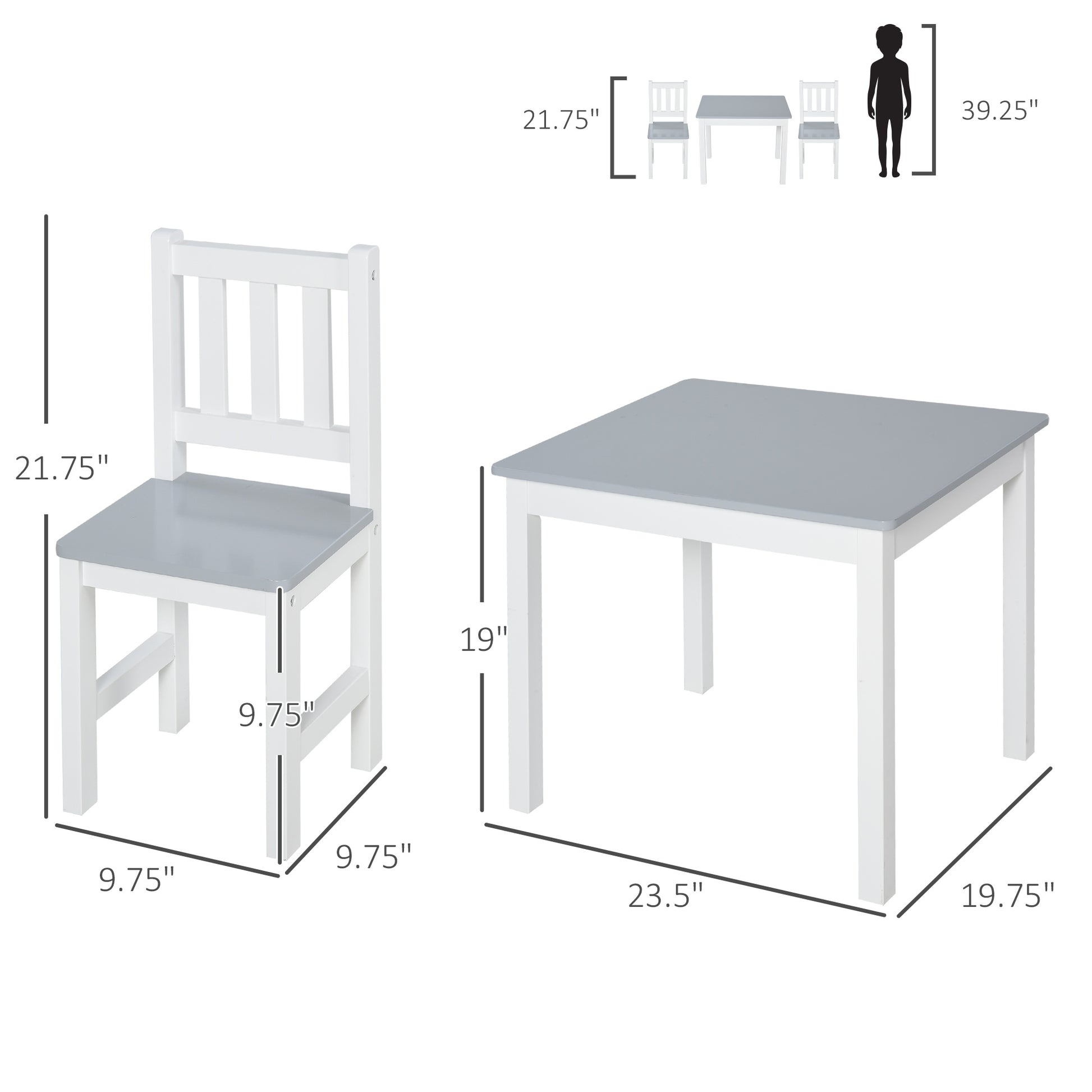 Qaba Kids 3 Piece Table And Chair Set Ideal For Arts, Meals, Lightweight Wooden Homework Activity Center, Toddlers Age 3 , Grey Grey Wood