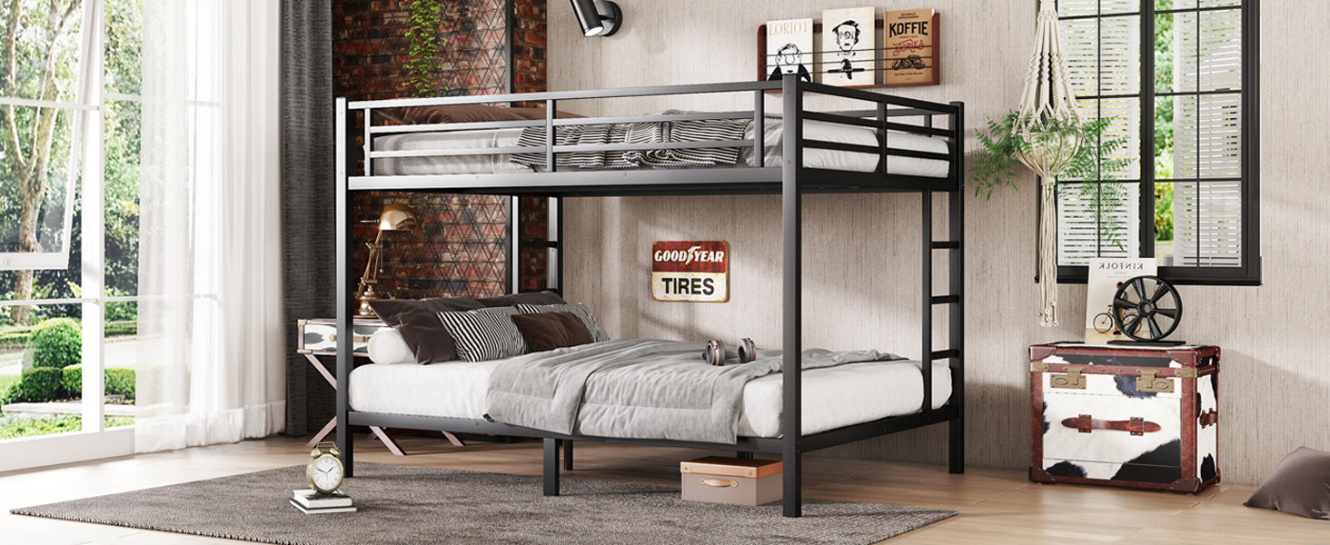Metal Queen Over Queen Bunk Bed For Teens And Adults,Space Saving Noise Reduced No Box Spring Needed, Black Box Spring Not Required Queen Black Metal