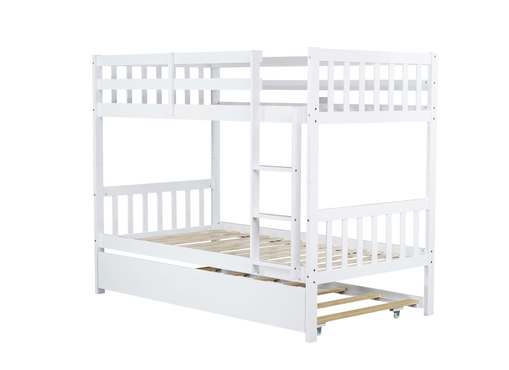 Twin Over Twin Rubber Wood Bunk Bed With Trundle, Convertible Into 2 Twin Size Beds, Twin Size Bunk Bed With Ladder And Safety Guardrails, White Twin White Rubber Wood