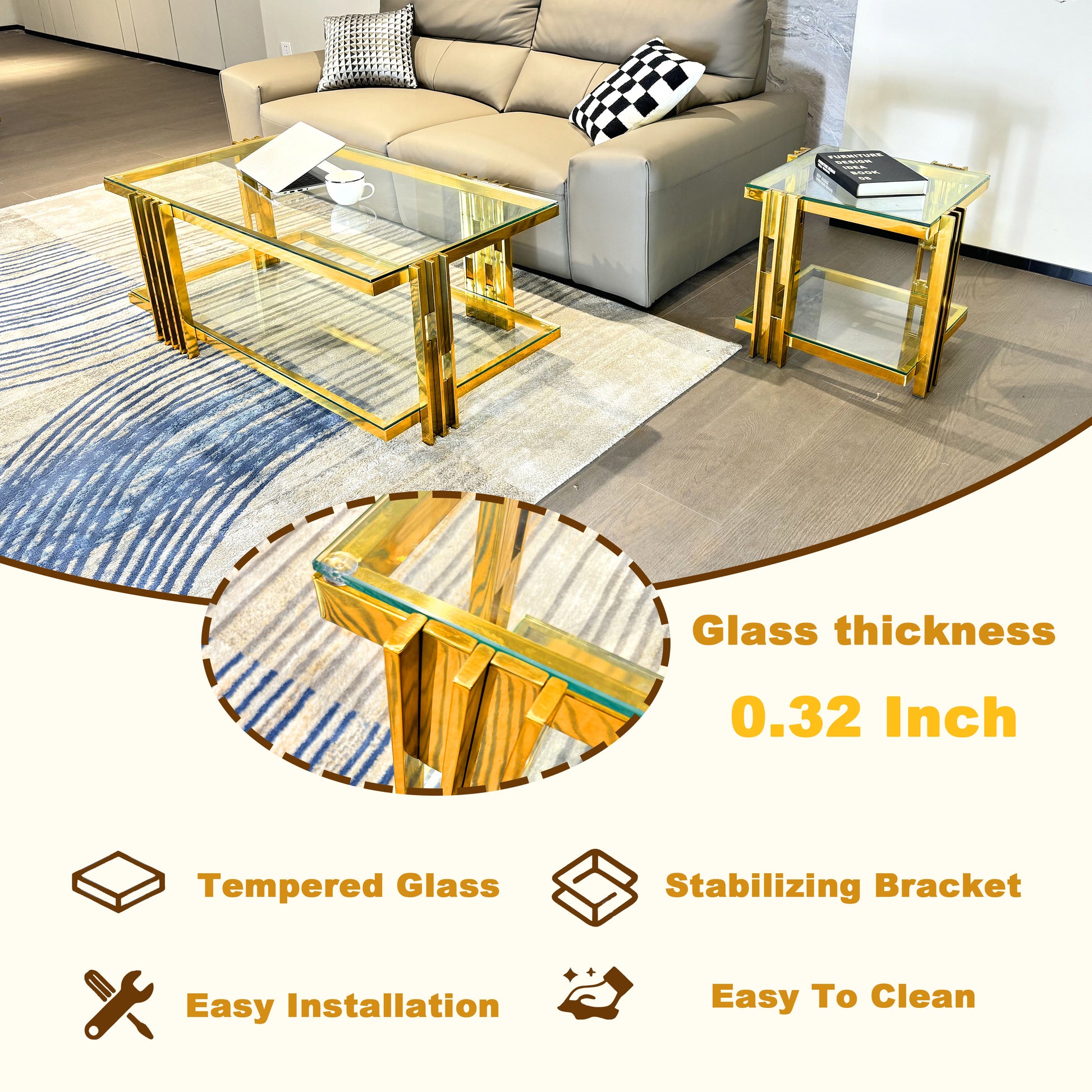 Golden Stainless Steel Coffee Table, Double Layer, Clear Tempered Glass Coffee Table, For Bed Room, Living Room Clear,Gold Modern Open Storage Rectangular Stainless Steel,Tempered Glass