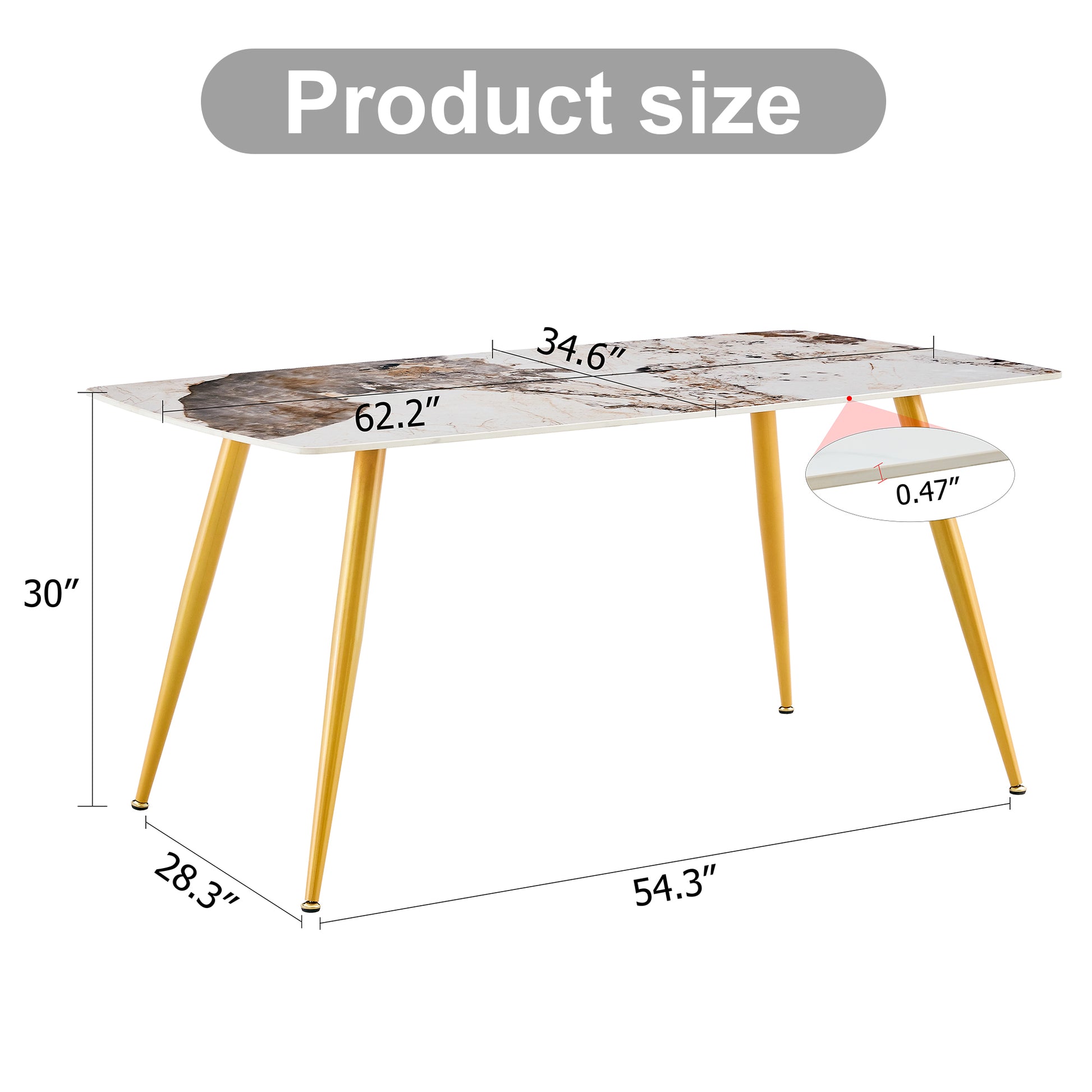 Modern Minimalist Dining Table. White Imitation Marble Pattern Sintered Stone Desktop With Golden Metal Legs.62.2"*34.6"*30" F 001 Gold Sintered Stone