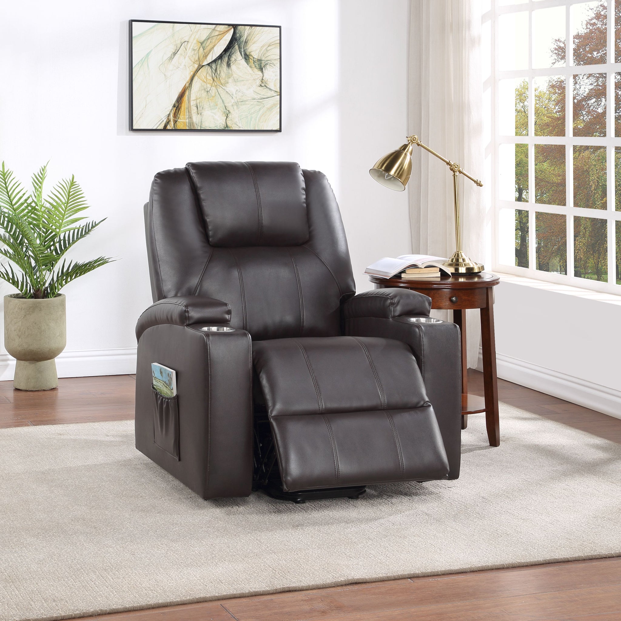 Brown 2 Cup Holder Power Lift Recliner Brown Faux Leather Power Remote Metal Primary Living Space Tight Back Push Button Pillow Top Arms Faux Leather